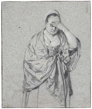 Lot 6283, Auction  105, Slingelandt, Pieter Cornelisz. van, Stehende Frau, die linke Hand beschattend vor die Augen haltend