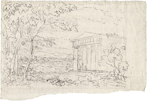 Lot 6309, Auction  105, Deutsch, Um 1720. Arkadische Landschaft mit einem antiken Tempel und einem Fluss im Hintergrund
