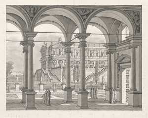 Lot 6327, Auction  105, Gonzaga, Pietro di Gottardo, Bühnenentwurf für einen Arkadengang mit Blick auf einen italienischen Palazzo
