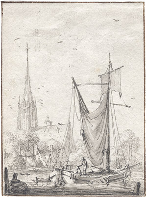 Lot 6339, Auction  105, Meijer, Hendrik, Kleines Fischerboot im Hafen, im Hintergrund eine Kirche