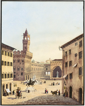 Lot 6391, Auction  105, Deutsch, 1840. Ansicht der Piazza della Signora in Florenz mit dem Palazzo Vecchio und den Uffizien