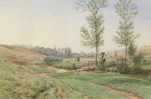 Lot 6459, Auction  105, Mohn, Victor Paul, Sommerliche Landschaft am Bach, im Hintergrund ein Dorf