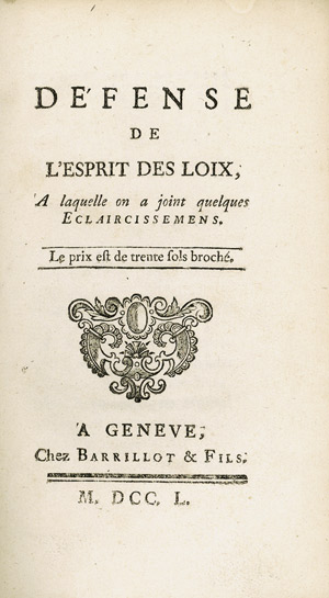 Lot 696, Auction  106, Montesquieu, C. L. de Secondat d, Défense de l'Esprit des loix, à