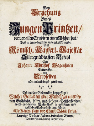 Lot 1884, Auction  106, Wagenseil, Johann Christoph, Von Erziehung eines Jungen Printzen