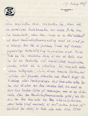 Lot 2168, Auction  106, Zweig, Stefan, Brief 1917 über das Autographensammeln