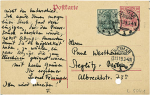 Lot 2326, Auction  106, Feininger, Lyonel, Postkarte 1919 an Paul Westheim