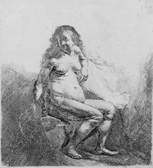 Lot 5844, Auction  106, Rembrandt Harmensz. van Rijn, Nackte Frau auf einem Erdhügel sitzend.
