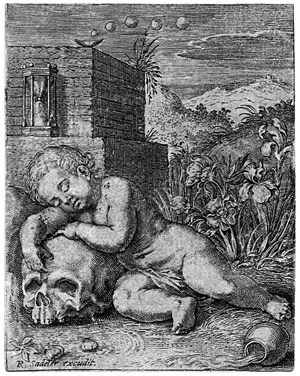 Lot 5864, Auction  106, Sadeler, Raphael I, Putto, auf einem Totenschädel ruhend