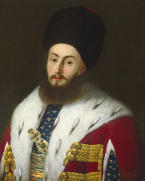 Lot 6195, Auction  106, Russisch, 19. Jh. Osmanischer Herrscher im Hermelin mit reichverziertem türkischen Dolch