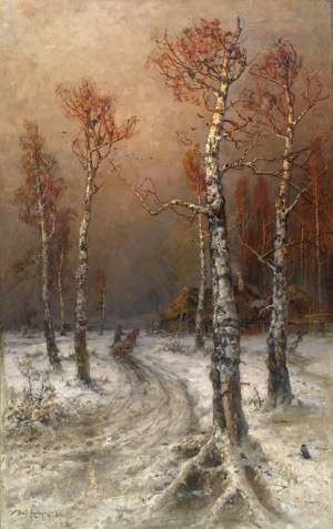 Lot 6248, Auction  106, Klever, Julius Sergius von, Abendstimmung über einem verschneiten Birkenwald bei einem Gehöft