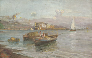 Lot 6257, Auction  106, Deutsch, um 1920. Blick über den Golf von Neapel mit dem Vesuv, im Vordergrund Fischerboote
