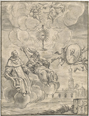 Lot 6538, Auction  106, Storer, Johann Christoph, Der hl. Thomas von Aquin und der hl. Augustinus auf einer Wolke vor der katholischen Heilig-Kreuz-Kirche in Augsburg