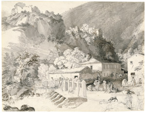 Lot 6626, Auction  106, Deutsch, 1810. Südtiroler Landschaft mit Wäscherinnen bei einem Wehr