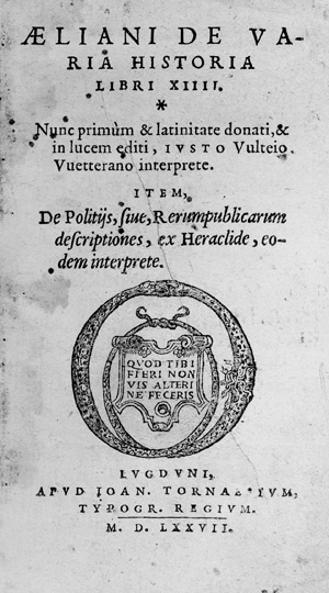 Lot 1030, Auction  107, Aelianus, Claudius, De varia historia libri XIIII + Beiband