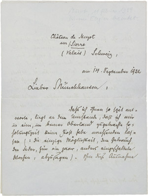 Lot 2061, Auction  107, Rilke, Rainer Maria, Brief 1922 an Börries von Münchhausen