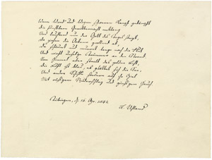 Lot 2087, Auction  107, Uhland, Ludwig, Signiertes Gedichtmanuskript 1842