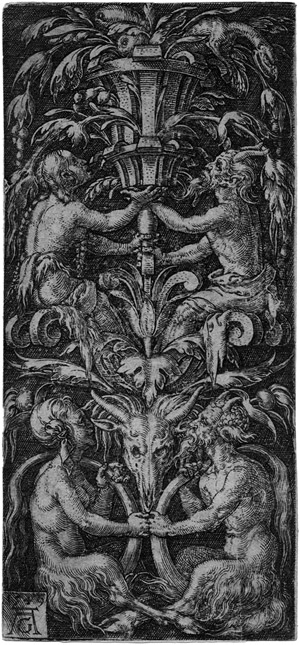 Lot 5010, Auction  107, Aldegrever, Heinrich, Ornament mit zwei Sartyrpaaren