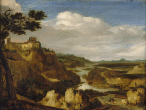 Lot 6013, Auction  107, Niederländisch, 17. Jh. Panoramalandschaft mit einer Stadt auf einem Berg und zwei Wanderern