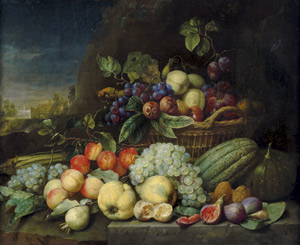 Lot 6027, Auction  107, Son, Joris van, Obststillleben mit Mispeln, Quitten, Feigen, Melonen, Aprikosen und Trauben auf einem steinernen Tisch und in einem Fruchtkorb, links mit Aussicht auf eine Landvilla