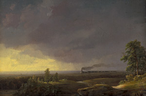 Lot 6076, Auction  107, Deutsch, um 1840. Dampfzug in oberbayerischer Landschaft bei aufziehendem Regen