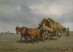 Lot 6136, Auction  107, Österreichisch, um 1890. Pusztalandschaft mit Pferdefuhrwerk