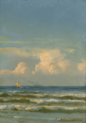 Lot 6204, Auction  107, Neumann, Johan Carl, Kleines Segelboot auf dem Meer, im Hintergrund ein Dampfschiff