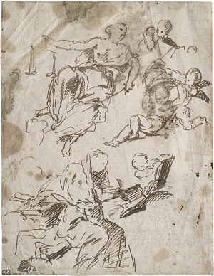 Lot 6547, Auction  107, Italienisch, um 1700. Studienblatt mit Justitia, Putten, die mit einem Helm spielen und dem Evangelisten Matthäus