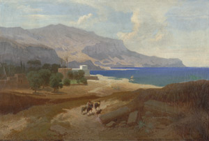 Lot 6635, Auction  107, Deutsch, um 1850. Griechische Küstenlandschaft mit Blick auf eine Siedlung einem Reiter auf einem Esel