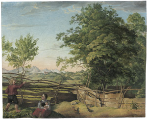 Lot 6667, Auction  107, Deutsch, um 1830. Spielende Kinder an einem Zaun, im Hintergrund eine weite Landschaft mit Schloss