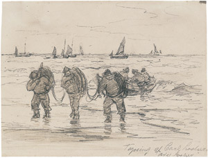 Lot 6705, Auction  107, Locher, Carl Ludvig, Fischer am Strand von Skagen beim Einholen der Netze
