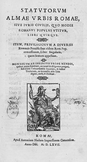 Lot 1509, Auction  108, Statutorum almae urbis Romae, Rom, Antonio Blado, 1567.