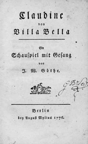 Lot 1872, Auction  108, Goethe, Johann Wolfgang von, Claudine von Villa Bella