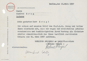 Lot 2490, Auction  108, Weigel, Helene, Brief 1957 an Manfred Krug