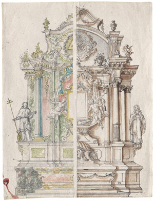 Lot 6581, Auction  108, Österreichisch, 18. Jh. Entwurf zu einem Altar mit Rocailleschmuck und fliegenden Engeln