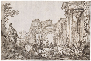 Lot 6612, Auction  108, Pannini, Giovanni Paolo, Architekturcapriccio mit römischen Ruinen und einem Reiter
