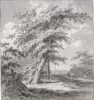 Lot 6635, Auction  108, Niederländisch, um 1800. Baumbestandene Landschaft mit Hütte und Wanderer - Baumbestandene Landschaft mit Kirche und Hirte