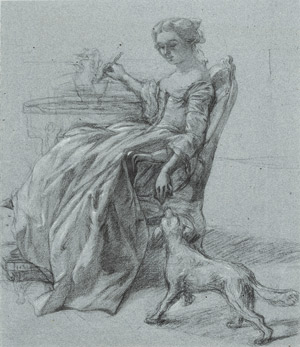 Lot 6709, Auction  108, Französisch, um 1850. Die Kaffeepause: Junge Frau mit ihrem Hund