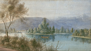 Lot 6726, Auction  108, Hintze, Johann Heinrich, Voralpenlandschaft mit einem See und Kahnfahrer