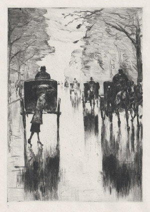 Lot 7572, Auction  108, Ury, Lesser, Regennasse Tiergartenallee mit Pferdedroschken: Dame mit Schirm überquert die Straße