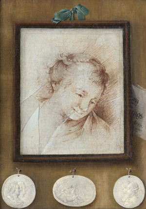 Lot 6055, Auction  109, Italienisch, 18. Jh. Trompe l'oeil  mit einer Rötelzeichnung hinter gesprungener Scheibe und Medaillen