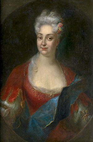 Lot 6058, Auction  109, Deutsch, Porträt einer eleganten Dame mit Perlenschmuck in rotem Kleid.