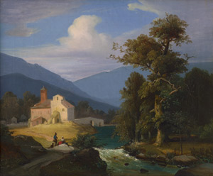 Lot 6136, Auction  109, Deutsch, um 1860. Norditalienische Landschaft mit rastenden Wanderern bei einem Fluss