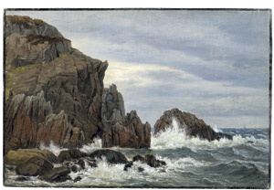 Lot 6170, Auction  109, Dänisch, um 1850. Felsige Küste bei Bornholm mit peitschender Gischt 
