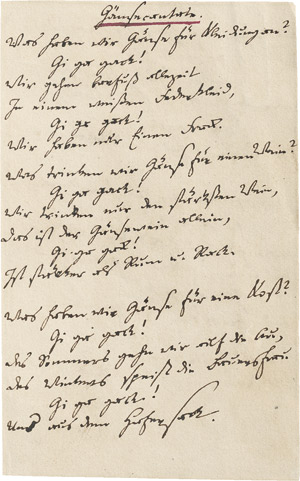Lot 2188, Auction  110, Hoffmann von Fallersleben, Heinrich, Signiertes Gedichtmanuskript