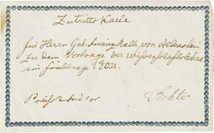 Lot 2331, Auction  110, Fichte, Johann Gottlieb, Handschriftl. Eintrittskarte zu seiner Vorlesung