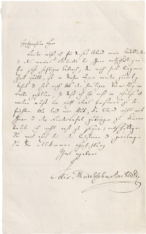 Lot 2523, Auction  110, Mendelssohn Bartholdy, Felix, Brief an Generalkonsul Clauss