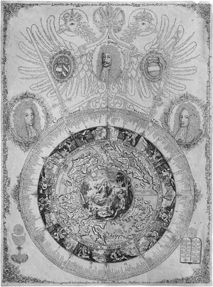 Lot 5180, Auction  110, Püchler, Johann Michael, Immerwährender Kalender mit dem Bildnis Kaiser Leopolds I. und seinen Söhnen Joseph I. und Erzherzog Karl.