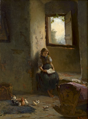 Lot 6131, Auction  110, Deutsch, 1875. Bäuerliches Interieur mit lesendem Mädchen