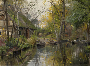 Lot 6168, Auction  110, Mønsted, Peder, Herbststimmung im Spreewald mit Stechkähnen auf einem Fluß