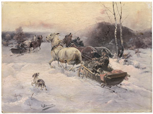 Lot 6198, Auction  110, Konarski, Jan, Winterlandschaft mit Pferdeschlitten im Abendlicht